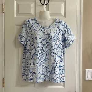 Talbots Blue and White Oyster Print Short Sleeve T Shirt Size 1X